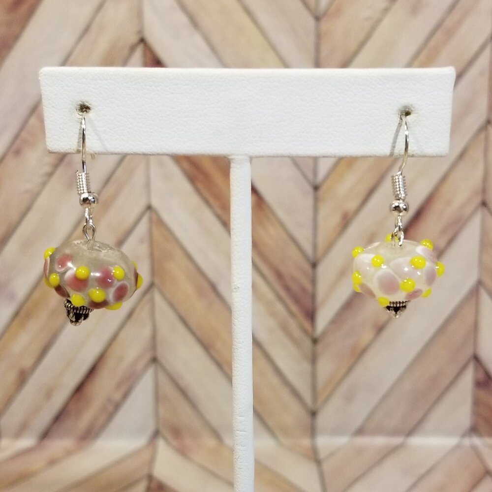 Pink, Yellow, and White Glass Bead Earrings